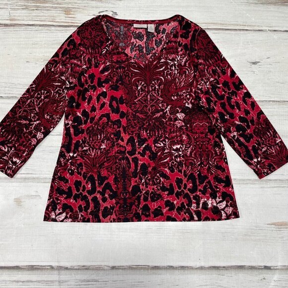 Chico's Top Shirt Round Neck Red Black Animal Print Medium 8 - Picture 1 of 12